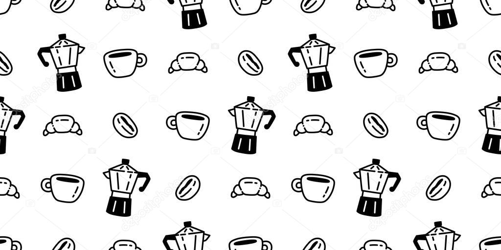 Coffee cup seamless pattern hot tea croissant vector cafe bakery water drink cartoon doodle tile background gift wrapping paper repeat wallpaper scarf isolated illustration design