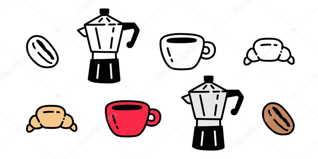 Coffee cup vector icon croissant hot tea pot cafe cartoon character bakery baked drink water food doodle symbol illustration clip art isolated design