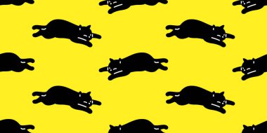 Kedi desensiz siyah kedi yavrusu uyuyan karikatür karalama hayvan çizimi fayans arka plan hediye paketi kağıt tekrar duvar kağıdı sarısı