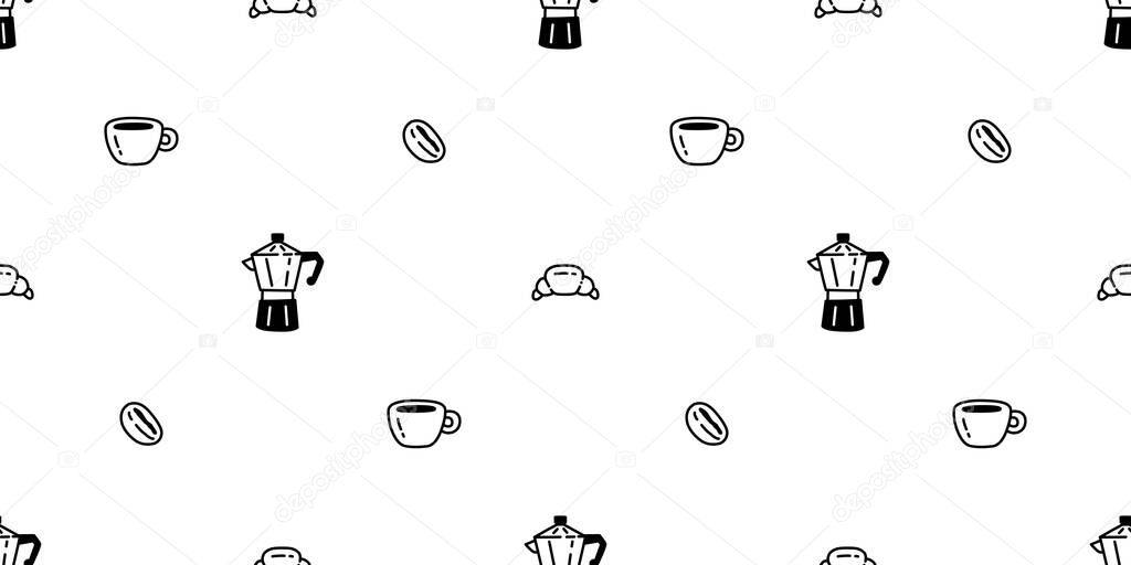 Coffee cup seamless pattern hot tea pot croissant vector cafe coffee beans bakery water drink cartoon doodle tile background gift wrapping paper repeat wallpaper scarf isolated illustration design