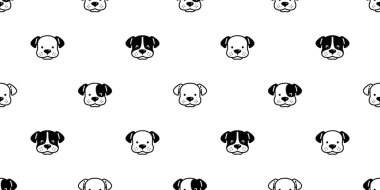 Köpek desensiz köpek yavrusu gülümseyen köpek yüzlü Fransız buldog cinsi karikatür hediye kâğıdı tekrar duvar kâğıdı karo karo çizimi izole tasarım