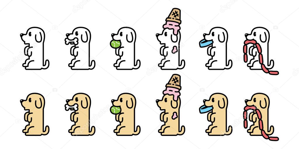Dog vector bone Beagle Golden Retriever icon sitting cartoon character ice cream tennis ball food bowl sausage hotdog puppy pet doodle symbol illustration design isolated