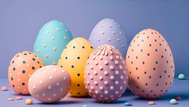 Colorful Easter eggs on pastel purple background. Creative design.