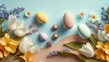 Pastel Colour Easter Eggs Background. Flowers and eggs on blue background.