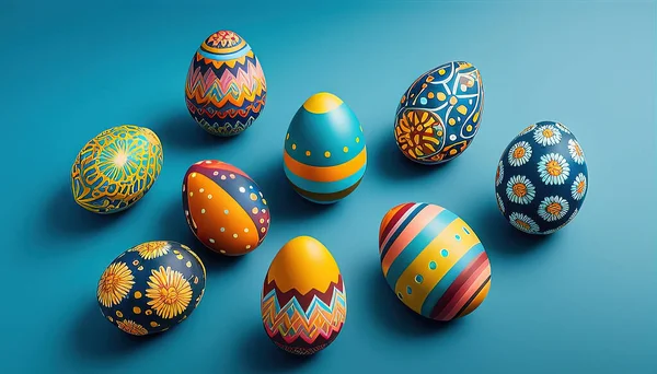 Colorful Easter eggs on pastel blue background. Creative design.