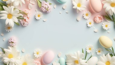 Pastel Colour Easter Eggs Background. Flowers and eggs on blue background.