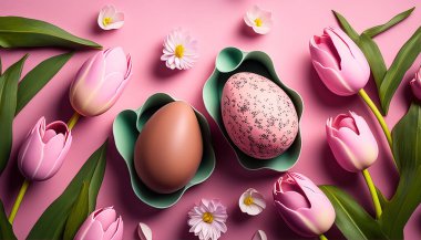 Yeşil yumurta tutacağındaki paskalya yumurtaları pembe arka planda pembe çiçeklerle