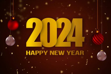 2024 Mutlu Yıllar. Parlak arkaplanda konfeti düşen zarif bir bayram afişi.