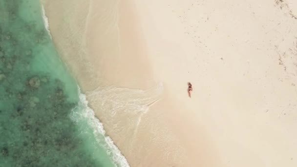 Αεροφωτογραφία Της Γυναίκας Που Βρίσκεται Στην Αμμώδη Παραλία Και Κύματα — Αρχείο Βίντεο