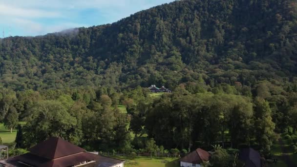 在汉达拉 无人驾驶飞机在绿树成荫的绿树成荫的房子和夏日的风景中盘旋 印度尼西亚热带森林和山地 电影农业旅游目的地 — 图库视频影像