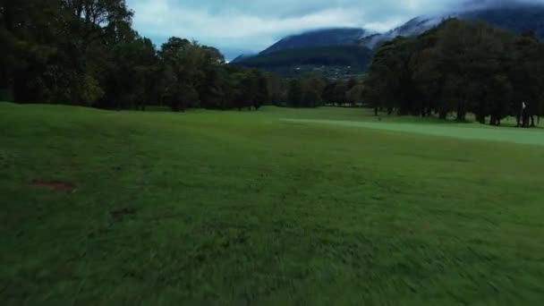 Vue Aérienne Champ Vert Montagne Sous Ciel Nuageux Drone Shot — Video