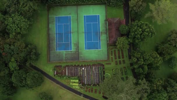 Вид Зверху Безпілотника Над Синім Тенісним Кортом Зеленими Деревами Будинком — стокове відео