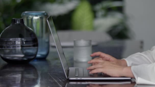 Frau Hände Nahaufnahme Eingabe Laptop Tastatur Seitenansicht Digitale Kommunikation Und — Stockvideo