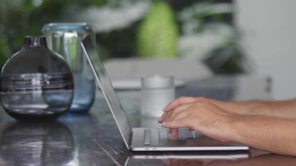 Man Hands Closeup Texting Laptop Computer Side View Online Communication — Stock Video