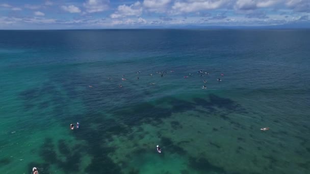 Vista Aérea Del Océano Con Olas Surfistas Línea Bali Playa — Vídeo de stock