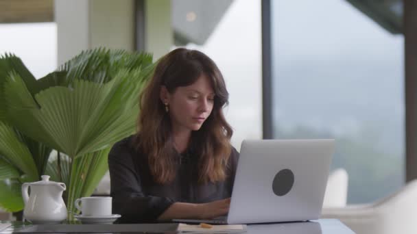 Wanita Cantik Mengetik Komputer Laptop Bergaya Rumah Atau Restoran Interior — Stok Video