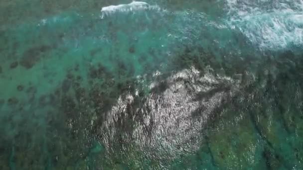 Κάτοψη Της Όμορφης Αμμουδιάς Γαλάζιο Θαλασσινό Νερό Κυματικά Περάσματα Εναέρια — Αρχείο Βίντεο