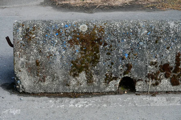 An image of an old weathered concrete barrier covered in green and brown moss.