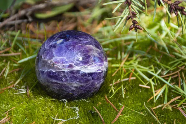 Image Stunning Amethyst Crystal Sphere Nestled Thick Green Moss Pine Stock Picture
