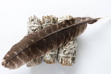 Beyaz arkaplanda kutsal tüyü olan üç beyaz adaçayı lekesi görüntüsü.. 