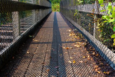 Koruyucu metal ızgaralı eski bir tahta köprünün görüntüsü.. 