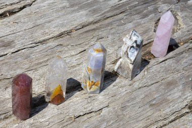 An image of several healing crystal towers standing on a large piece of driftwood.  clipart