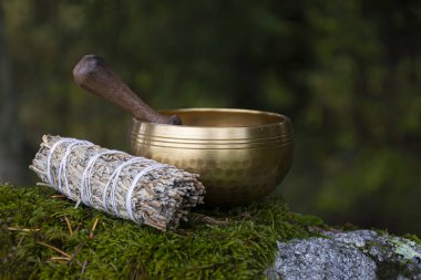 An image of a Tibetan singing bowl with white sage smudge stick on a moss covered rock.  clipart