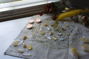 A top view image of a crystal healing grid using citrine and clear quartz crystals with sage smudge sticks. 
