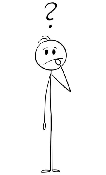 Unsure person with question mark thinking about problem, vector cartoon stick figure or character illustration.