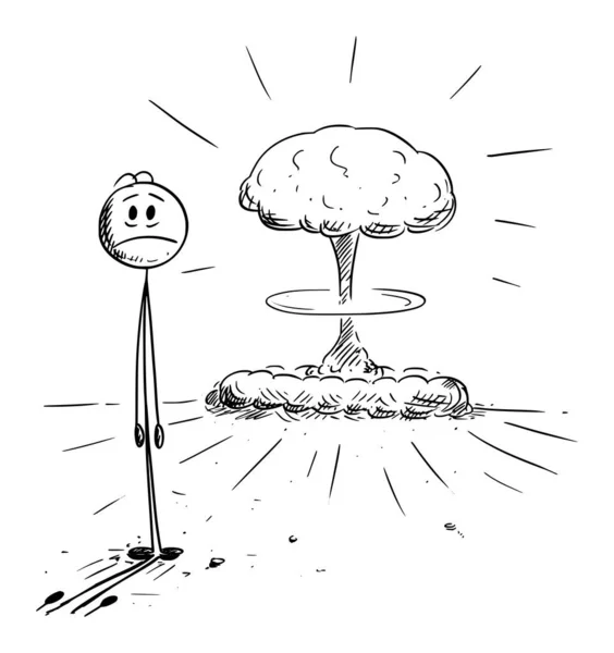 Atomexplosion Frustrierte Person Und Atomkrieg Oder Apokalypse Vektor Cartoon Strichfigur — Stockvektor