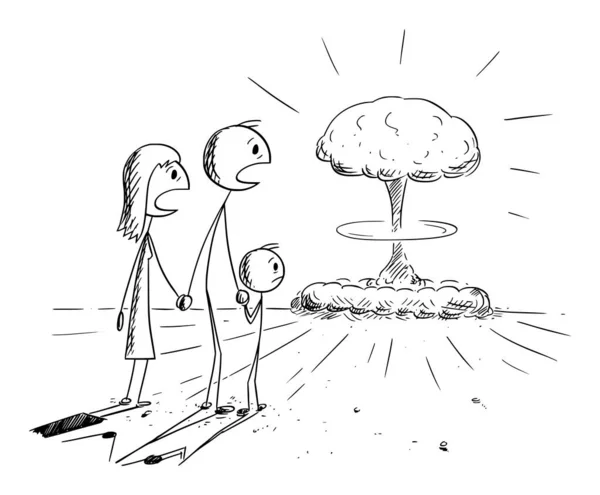 Explosión Atómica Familia Conmocionada Guerra Nuclear Apocalipsis Figura Vectores Dibujos — Archivo Imágenes Vectoriales