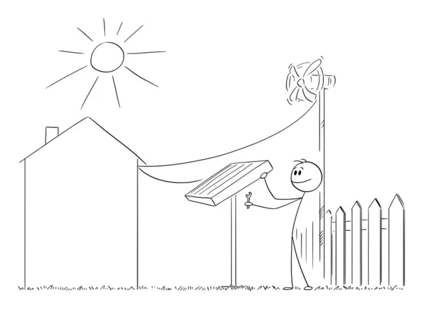 Bahçeye Rüzgar Türbini Güneş Paneli Kuran Kişi Evine Vektör Çizgi — Stok Vektör