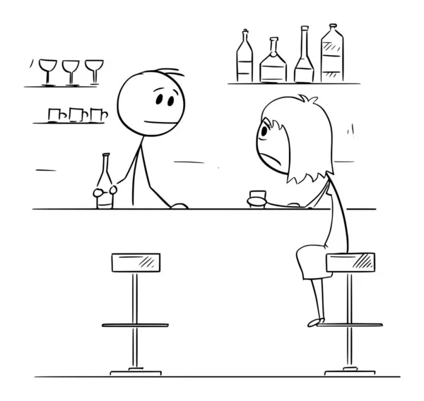 酒保坐在吧台上垂头丧气的女人 带着瓶子 矢量卡通人物或人物形象在等着 — 图库矢量图片