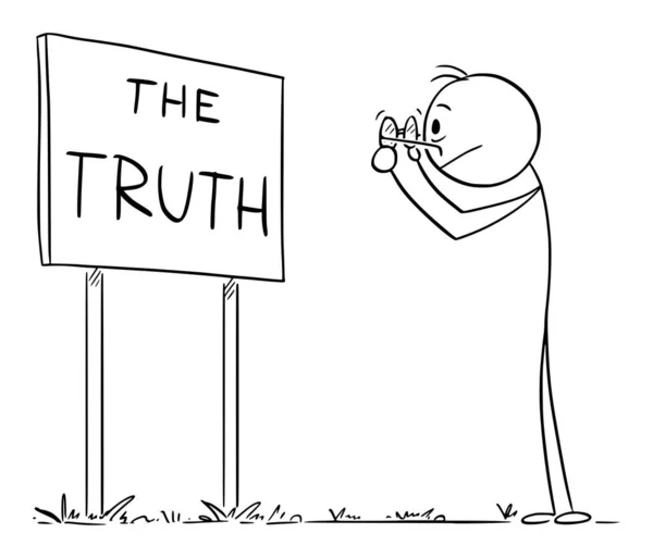 真実を見ようとメガネを持っている人 ベクトル漫画の棒の図や文字のイラスト — ストックベクタ