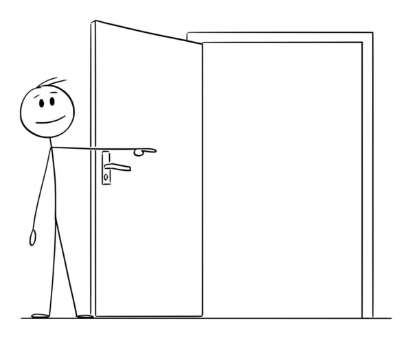 人を指して オープンドア ベクトル漫画の棒図や文字のイラストを通過する招待 — ストックベクタ
