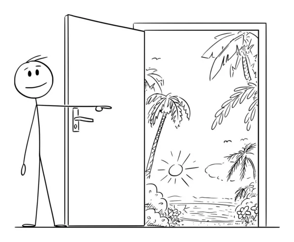 人を指して 熱帯の楽園 ベクトル漫画の棒の図や文字のイラストへのオープンドアを通過する招待 — ストックベクタ