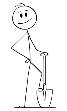 Kazıcı ya da bahçıvan elinde kürek, vektör çizgi film çizgi karakteri figürü ya da karakter çizimi ile ayakta duruyor.