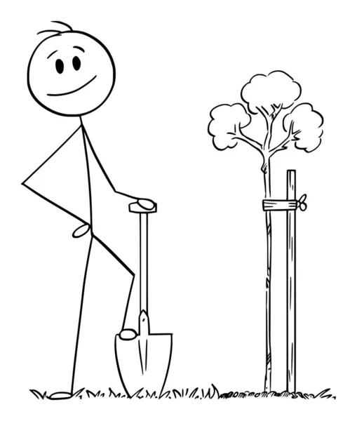 Giardiniere Con Pala Pala Piantare Albero Personaggio Illustrazione Del Bastone — Vettoriale Stock