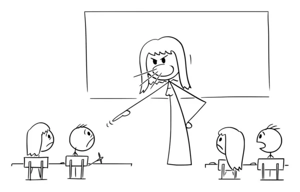 Female Teacher Yelling Classroom Students Vector Cartoon Stick Figure Character — Stock Vector
