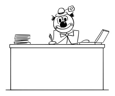 Ofiste çalışan gülümseyen palyaço patronu ya da iş adamı, vektör çizgi karakter figürü ya da karakter çizimi.