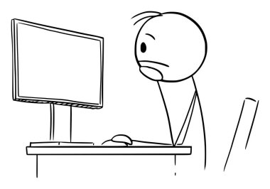 Bored office worker or businessman working on computer, vector cartoon stick figure or character illustration.