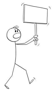 Person holding empty sign and walking on demonstration, vector cartoon stick figure or character illustration.