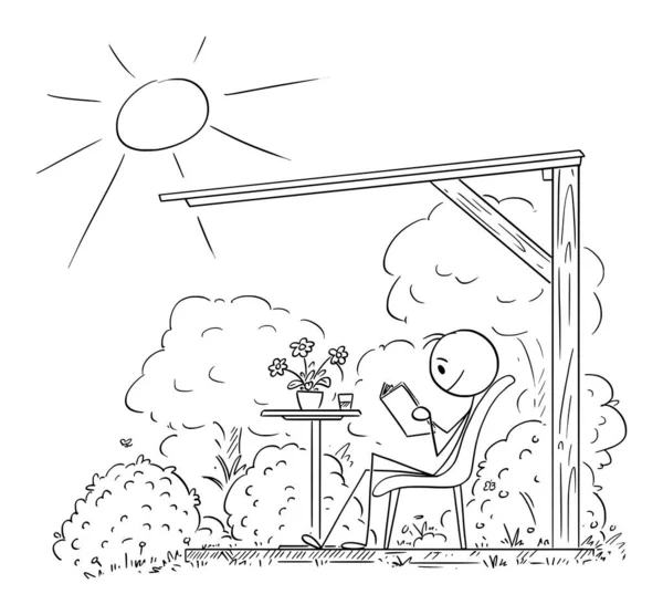 ペルゴラ ベクトル漫画スティックフィギュアやキャラクターイラストの下で庭で読書本を楽しんでいる人 — ストックベクタ