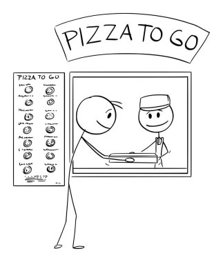 Person buying pizza at fast food, vector cartoon stick figure or character illustration.