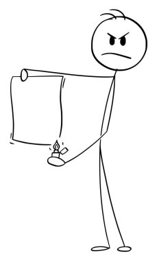Person burning empty paper with lighter as protest, vector cartoon stick figure or character illustration.