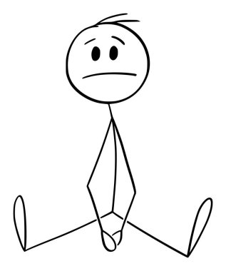 Frustrated unhappy person sitting on ground, vector cartoon stick figure or character illustration.
