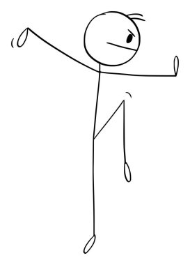 Fighter in Kung fu or martial arts pose or stance, vector cartoon stick figure or character illustration.