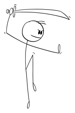Fighter in Kung fu or martial arts pose or stance with sword, vector cartoon stick figure or character illustration.