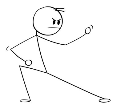 Fighter in Kung fu or martial arts pose or stance, vector cartoon stick figure or character illustration.