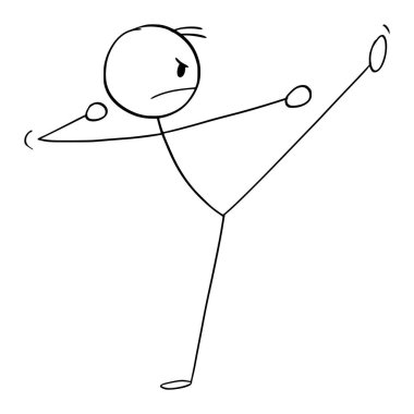 Fighter in Kung fu or martial arts pose or stance, vector cartoon stick figure or character illustration.
